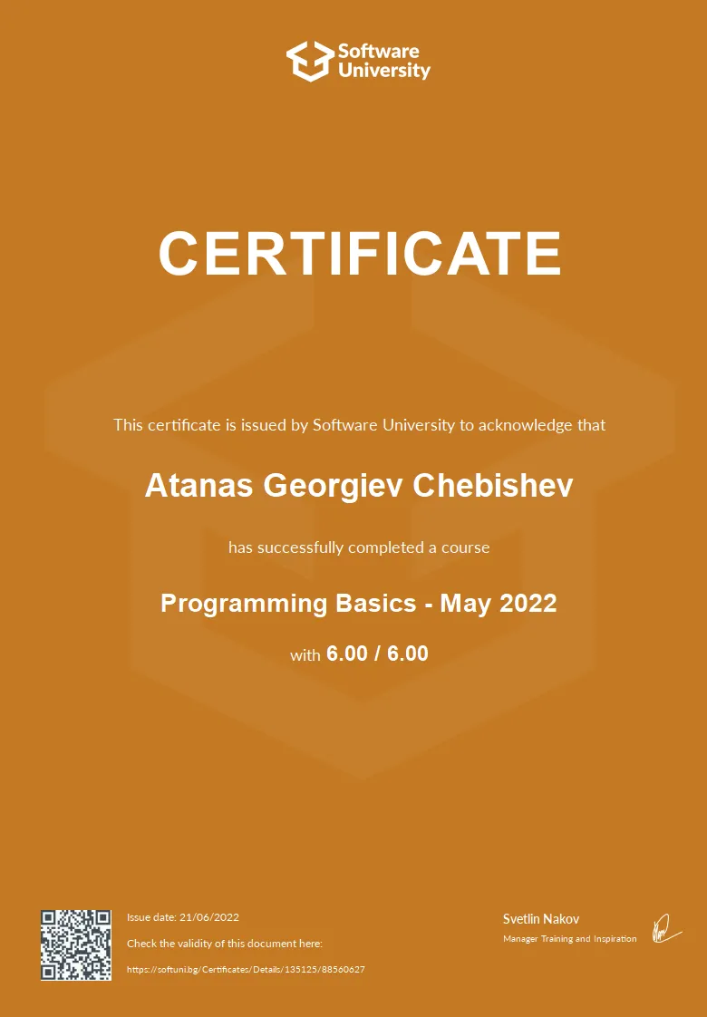 SoftUni Python Basics certificate